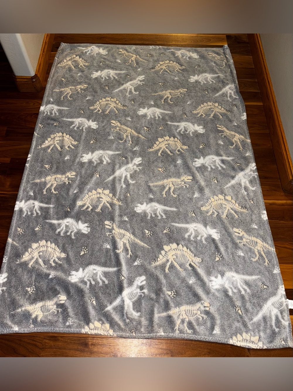 Cozy Gray Dinosaur Skeleton Fleece Throw Blanket Glows in Dark